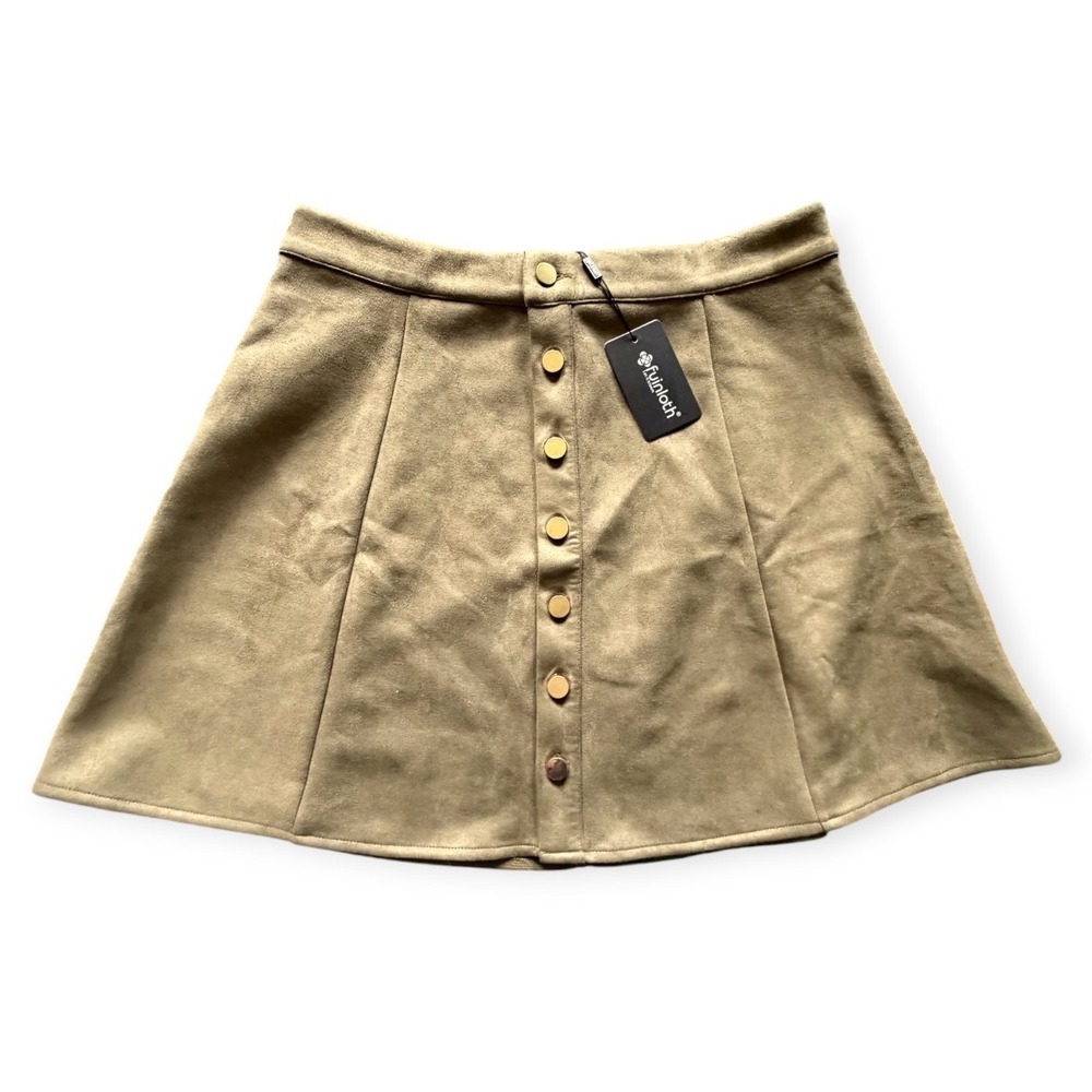 Olive Green Faux Suede Button Front A-Line Mini Skirt XL Retro Mod Festival